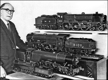 W.D. Cooper with some of the small live steam locomotives he built. Three well known designs together with a 2-6-2 of his own design. 