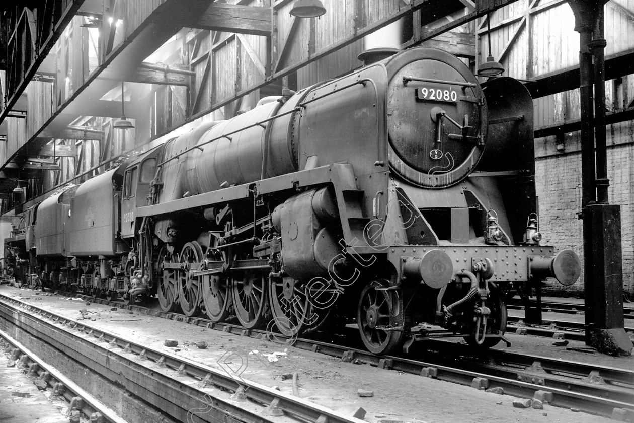 WD2645 
 ENGINE CLASS: BR Class 9 ENGINE NUMBER: 92080 LOCATION: Patricroft DATE: 03 July 1965 COMMENTS: 
 Keywords: 03 July 1965, 92080, BR Class 9, Cooperline, Patricroft, Steam, WD Cooper, locomotives, railway photography, trains